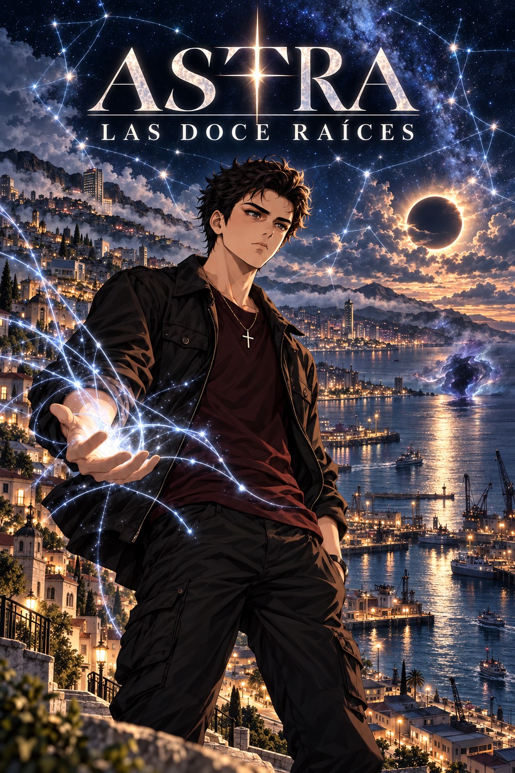 Portada de ASTRA: Las doce raíces, con una ciudad costera bajo un cielo estrellado